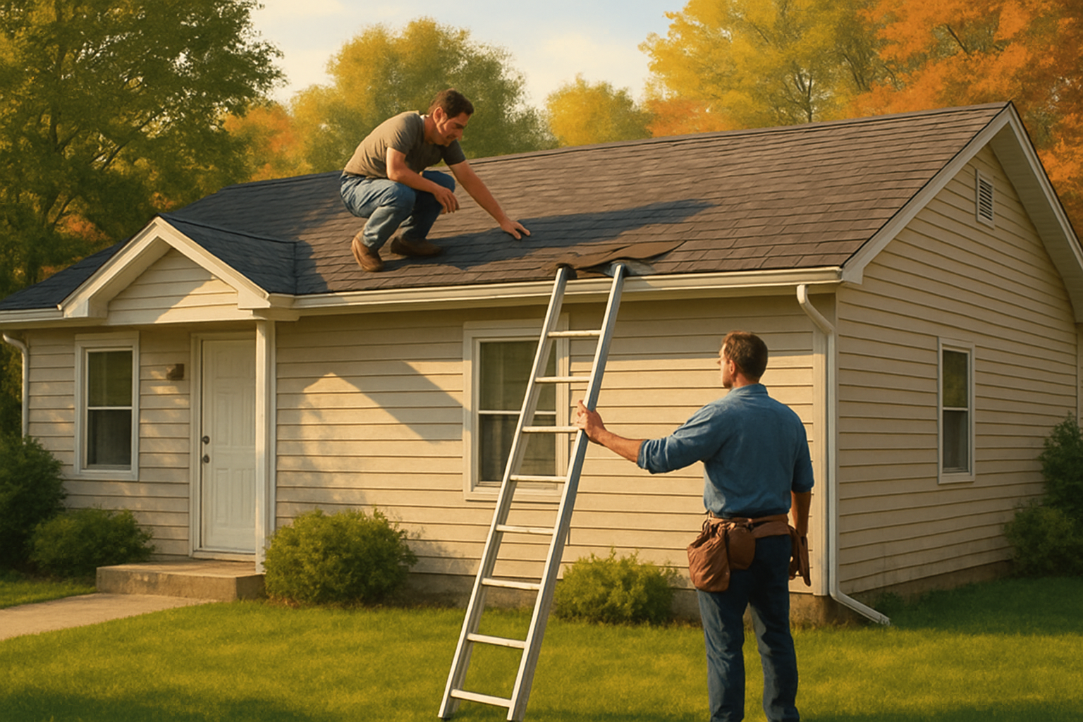 A residential home in Holmen Wisconsin in early September with a pitched asphalt shingle roof, a few curled and missing shingles visible near the roof edge, golden late-summer sunlight, green lawn, trees beginning to show early fall color, realistic roofing inspection scene