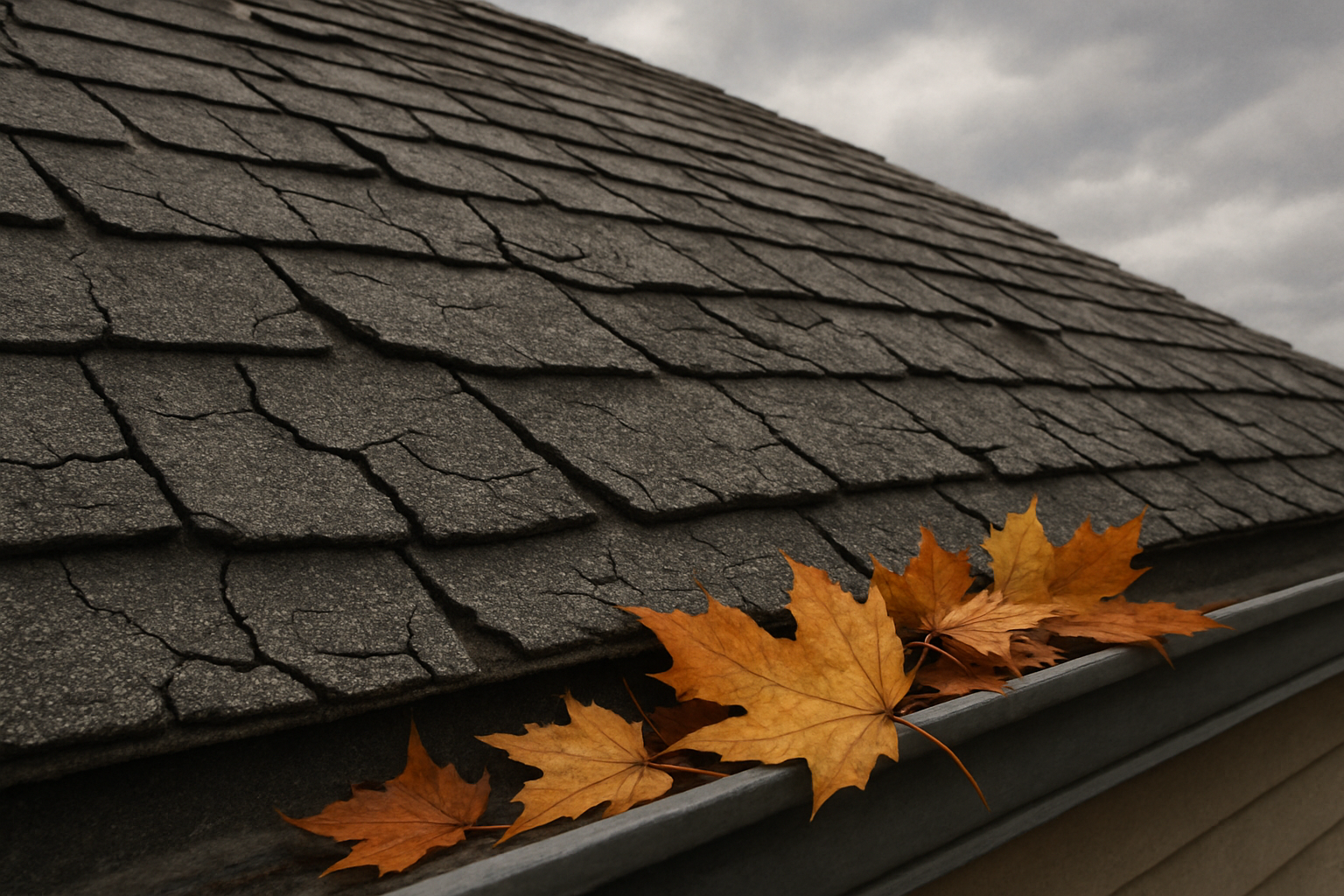 Close-up view of an asphalt shingle roof with cracked and curled shingles, fallen early autumn leaves caught near a gutter, overcast September sky, realistic detail showing granule loss and weathered roofing materials