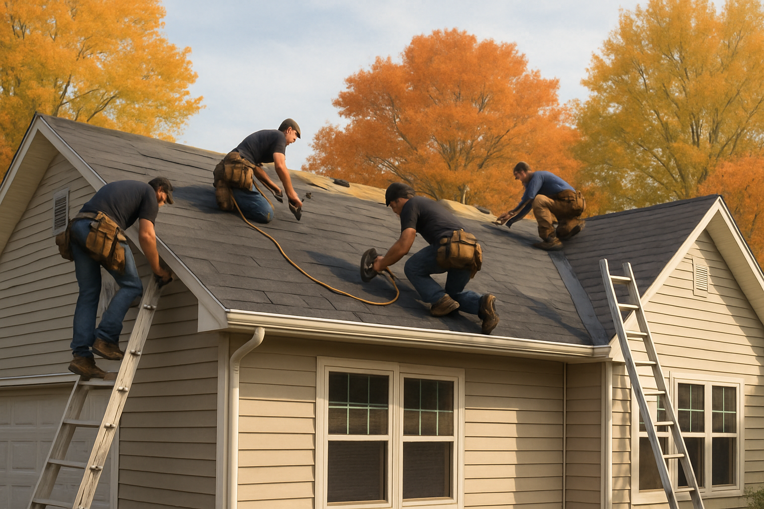 Professional roofing crew from a local exterior company working on a Holmen Wisconsin home in September, replacing asphalt shingles on a clean residential roof, ladders safely positioned, fall trees in the background, bright but cool autumn day, realistic jobsite scene