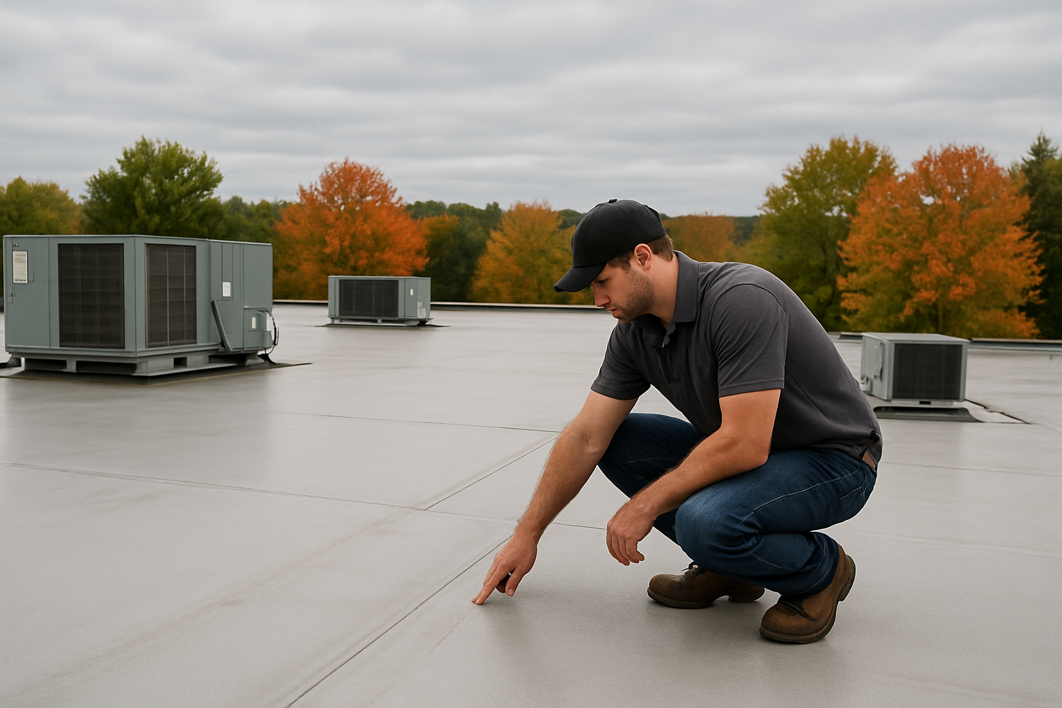 A commercial flat roof in Holmen Wisconsin during early September, with a professional roofing contractor inspecting membrane seams near HVAC units, fall trees beginning to change color in the background, overcast Midwest sky, realistic documentary-style photography
