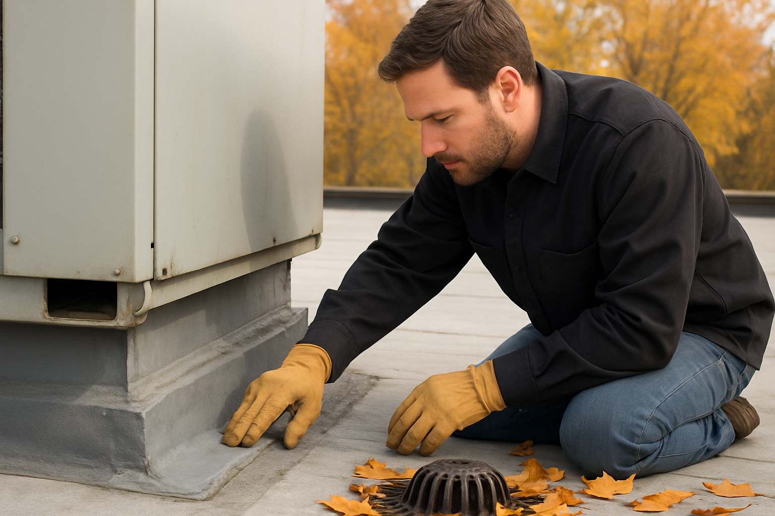 Close-up of a commercial roofing technician in work gloves checking flashing and sealant around a rooftop HVAC unit on a flat roof, with autumn leaves scattered near roof drains, realistic professional roofing inspection scene in Holmen Wisconsin