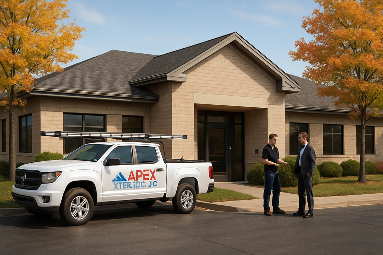 Exterior view of a well-maintained commercial building in Holmen Wisconsin with an Apex Xteriors LLC roofing crew truck parked nearby, technician speaking with a business owner near the entrance, early fall colors and clean professional atmosphere