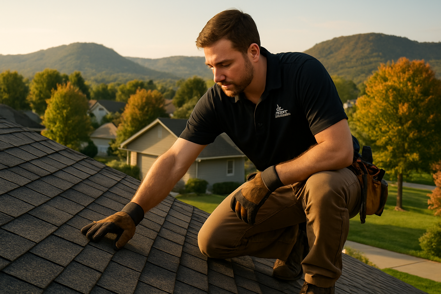 A professional roofing contractor from Apex Xteriors inspecting asphalt shingles on a residential home in Holmen, Wisconsin during early September, with golden late-summer sunlight, green lawns, mature trees beginning to show fall color, and the bluffs of western Wisconsin in the background