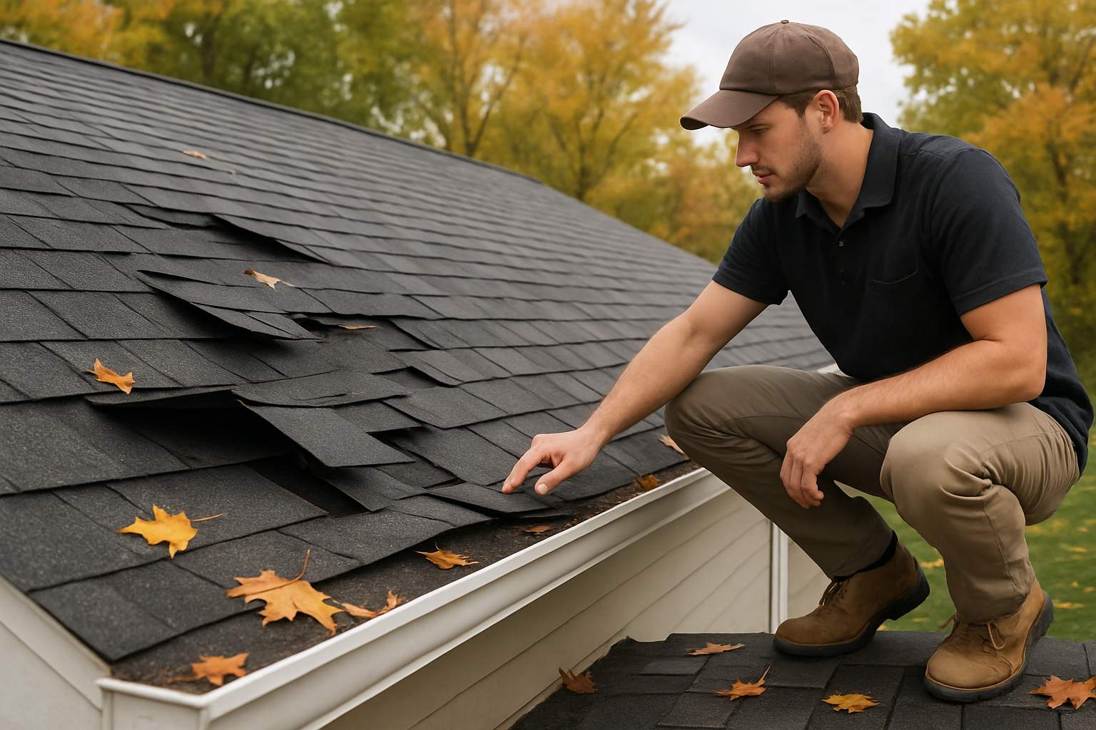 Close-up view of a Holmen, Wisconsin home roof showing missing and lifted asphalt shingles after a summer storm, with a roofing professional safely inspecting the damaged area, gutters visible, and early fall leaves scattered nearby