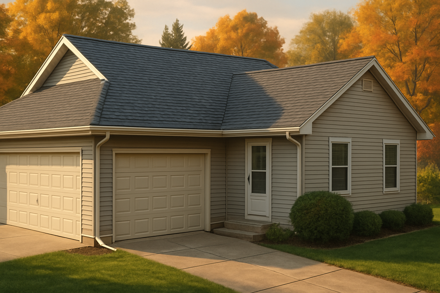 A clean finished residential roof repair on a Holmen, Wisconsin home in September, featuring fresh asphalt shingles, tidy gutters, a well-kept yard, warm afternoon light, and subtle fall colors in the trees