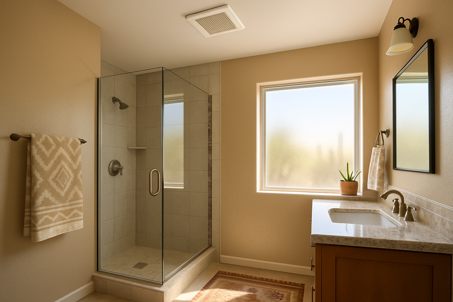 Bright modern Tucson bathroom with a white ceiling-mounted exhaust fan, natural desert sunlight coming through a frosted window, clean tile shower, and subtle Southwest design accents