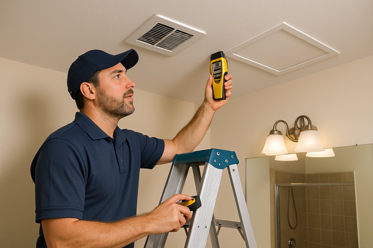 Close-up of a contractor inspecting bathroom ceiling ventilation near an exhaust fan with a ladder, moisture meter, and attic access nearby in a Tucson home