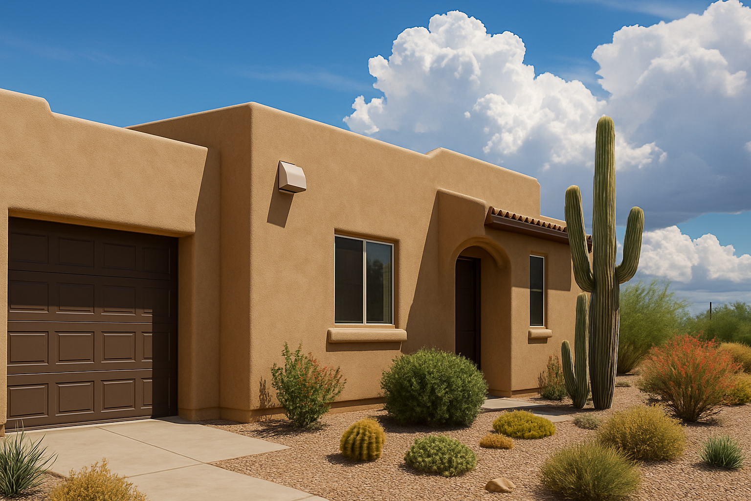 Exterior view of a Tucson stucco home in August with desert landscaping, blue sky, monsoon clouds in the distance, and a properly installed bathroom exhaust vent on the side wall