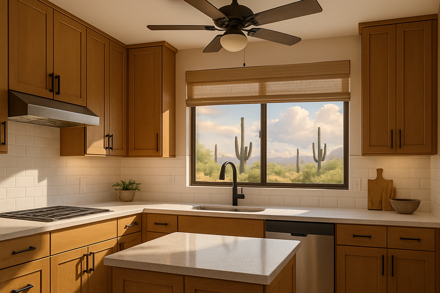 A bright remodeled Tucson kitchen in late summer with soft desert sunlight filtered through window shades, light quartz countertops, warm wood cabinets, matte black fixtures, a ceiling fan, and a view of saguaros and monsoon clouds through the window