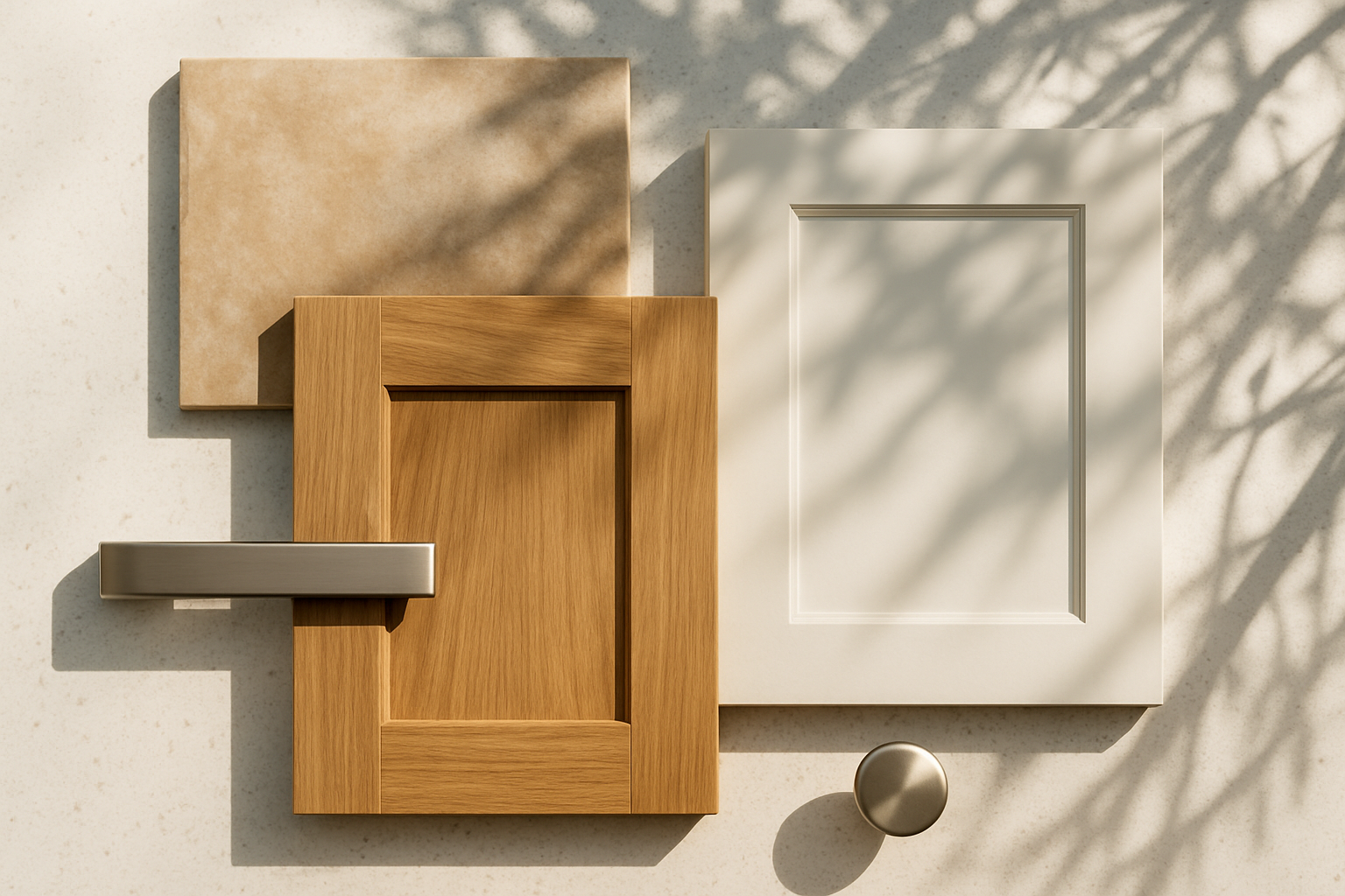 Close-up of a Tucson kitchen remodel material palette with light quartz countertop sample, desert-toned porcelain tile, cabinet door samples in natural wood and soft white, brushed metal hardware, and sunlight casting shadows from a mesquite tree
