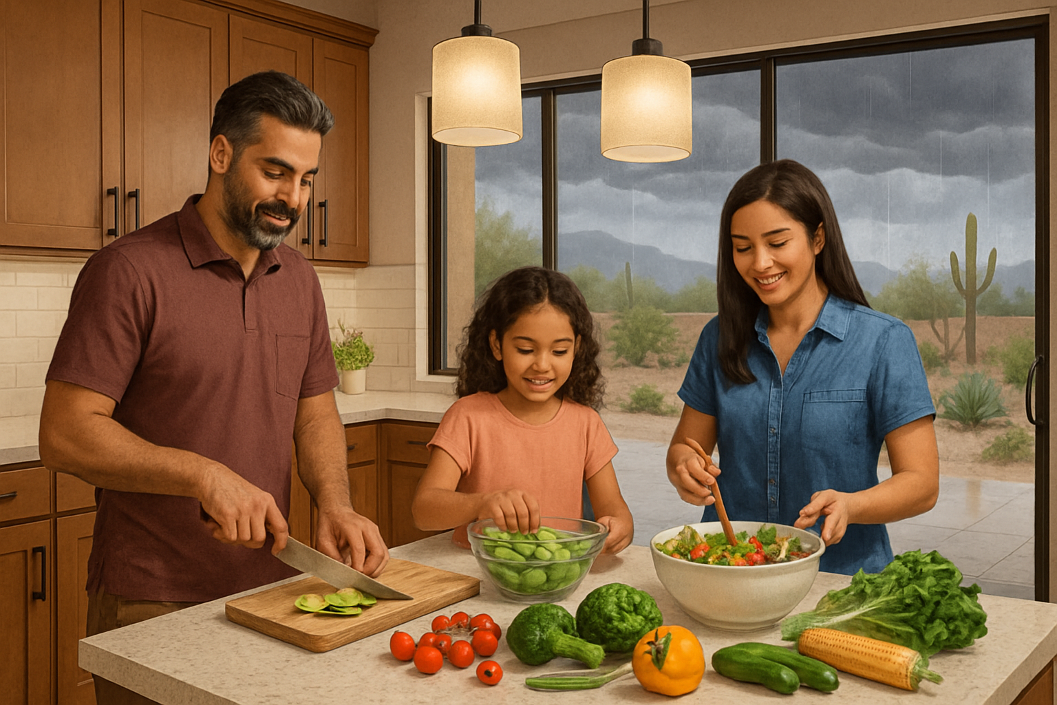 A family preparing a cool summer meal in a newly remodeled Tucson kitchen during monsoon season, with fresh vegetables on a large island, pendant lights glowing, rain clouds outside the window, and desert landscaping visible beyond the patio