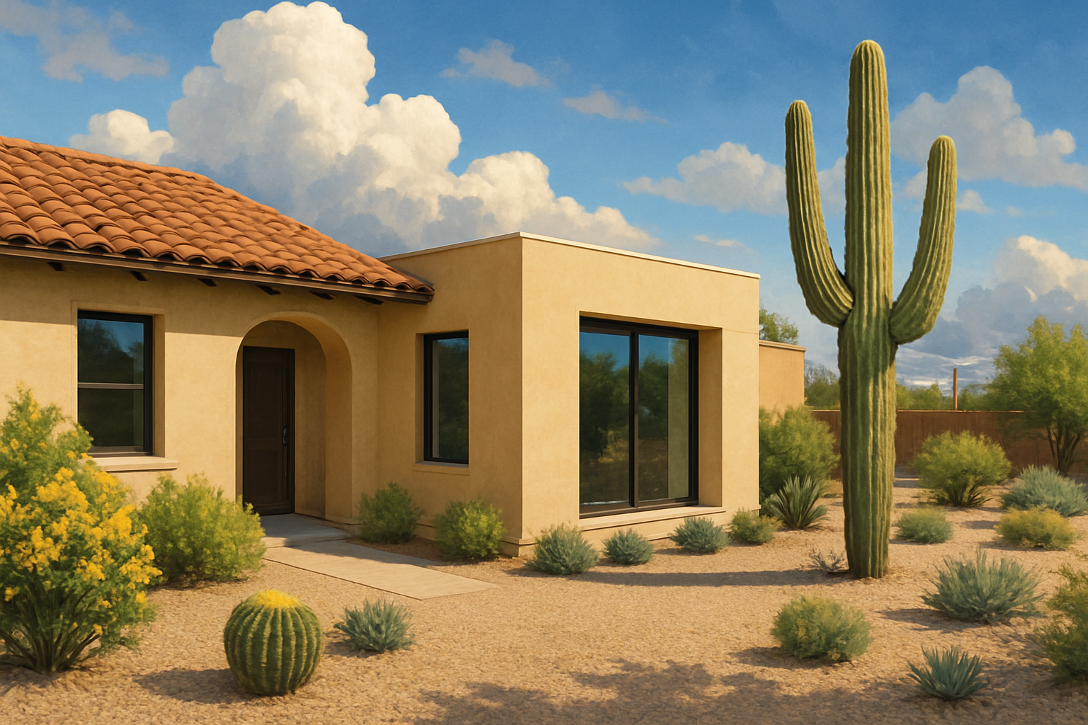 A bright Tucson, Arizona home exterior in late summer with desert landscaping, saguaro cactus, gravel yard, blue monsoon-season sky, and a clean modern room addition blending naturally with the original house
