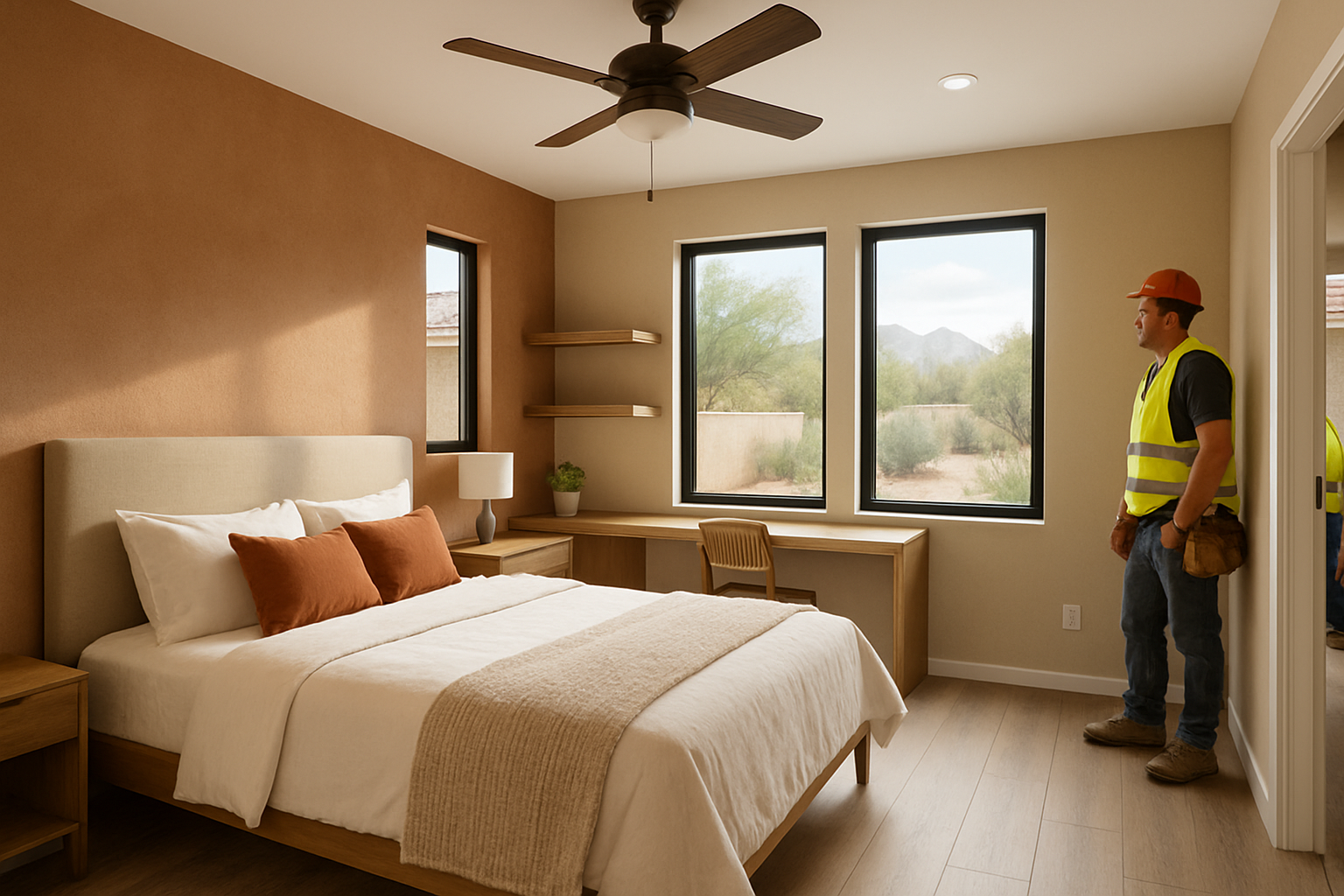 Interior of a newly built flexible guest room addition in a Tucson home, featuring a queen bed, built-in desk, ceiling fan, warm desert-inspired colors, large energy-efficient windows, and soft natural light