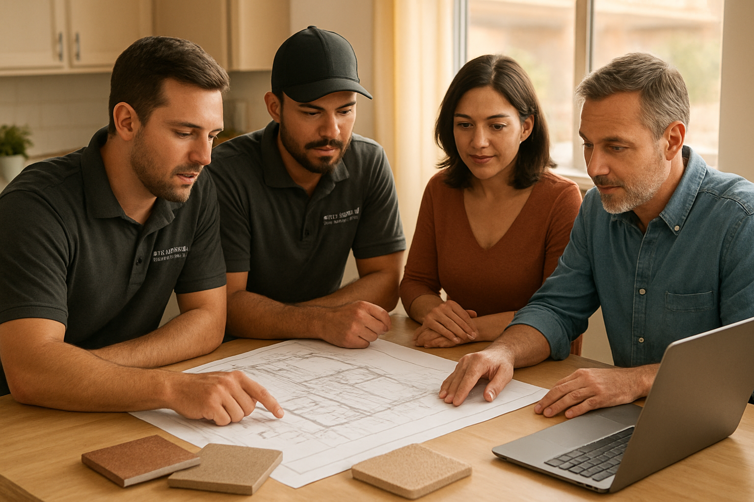 Hartman Construction LLC crew discussing plans with Tucson homeowners at a kitchen table, blueprints spread out, laptop open, samples of tile and stucco colors visible, warm natural light coming through window