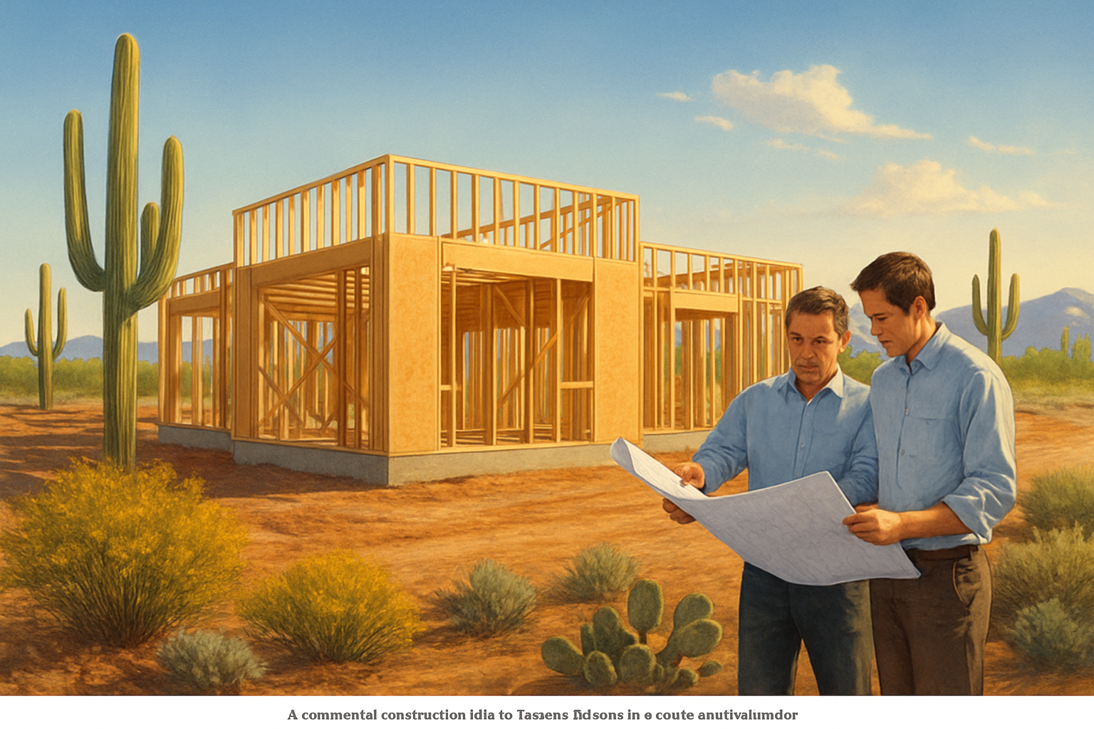 A commercial construction site in Tucson, Arizona in early September with a partially framed building, desert landscaping, saguaro cacti in the background, workers wearing hard hats reviewing plans, warm morning sunlight, clear blue sky with a few fading monsoon clouds