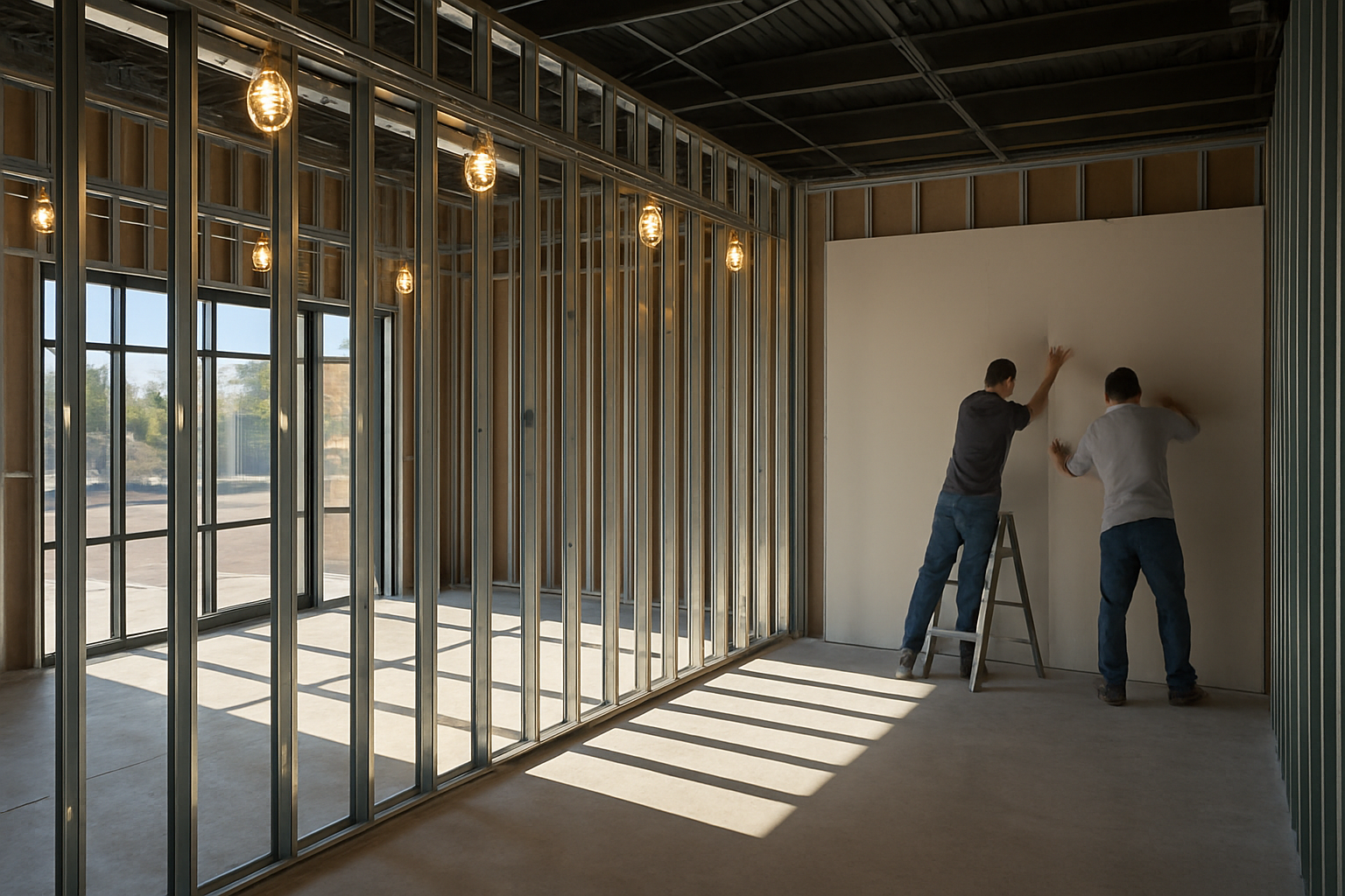 Interior of a Tucson commercial tenant improvement project with exposed framing, metal studs, construction lights, concrete floor, workers installing drywall in a modern office or retail space, clean organized jobsite, sunlight coming through storefront windows