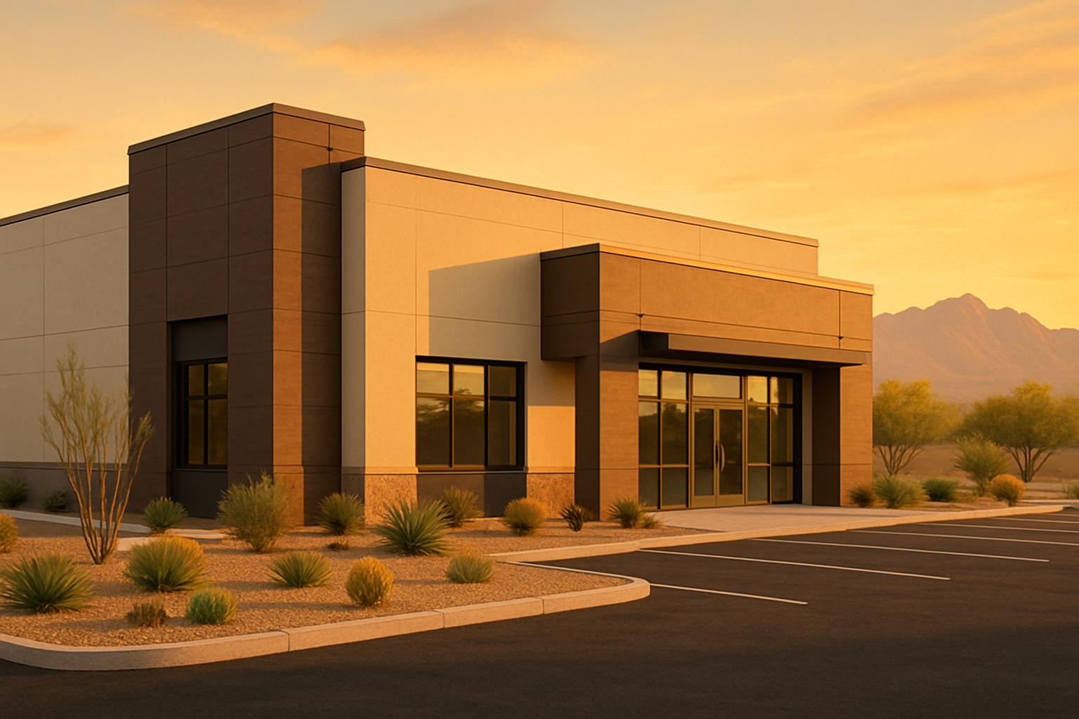 Exterior of a completed commercial building in Tucson, Arizona during fall, freshly updated facade, clean parking lot, desert plants and gravel landscaping, warm golden sunset light, mountains visible in the distance, professional polished construction finish