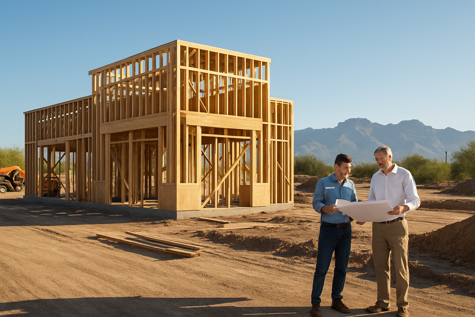 A commercial construction site in Tucson, Arizona in early September with a partially framed retail building, clear blue desert sky, distant Catalina Mountains, workers in hard hats reviewing plans, and warm morning sunlight casting shadows across the jobsite