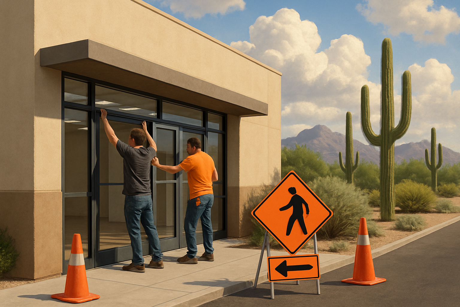 A Tucson commercial renovation project with workers installing an updated storefront entrance, orange safety cones, shaded pedestrian walkway signs, desert landscaping with saguaros, and late-summer clouds forming in the background