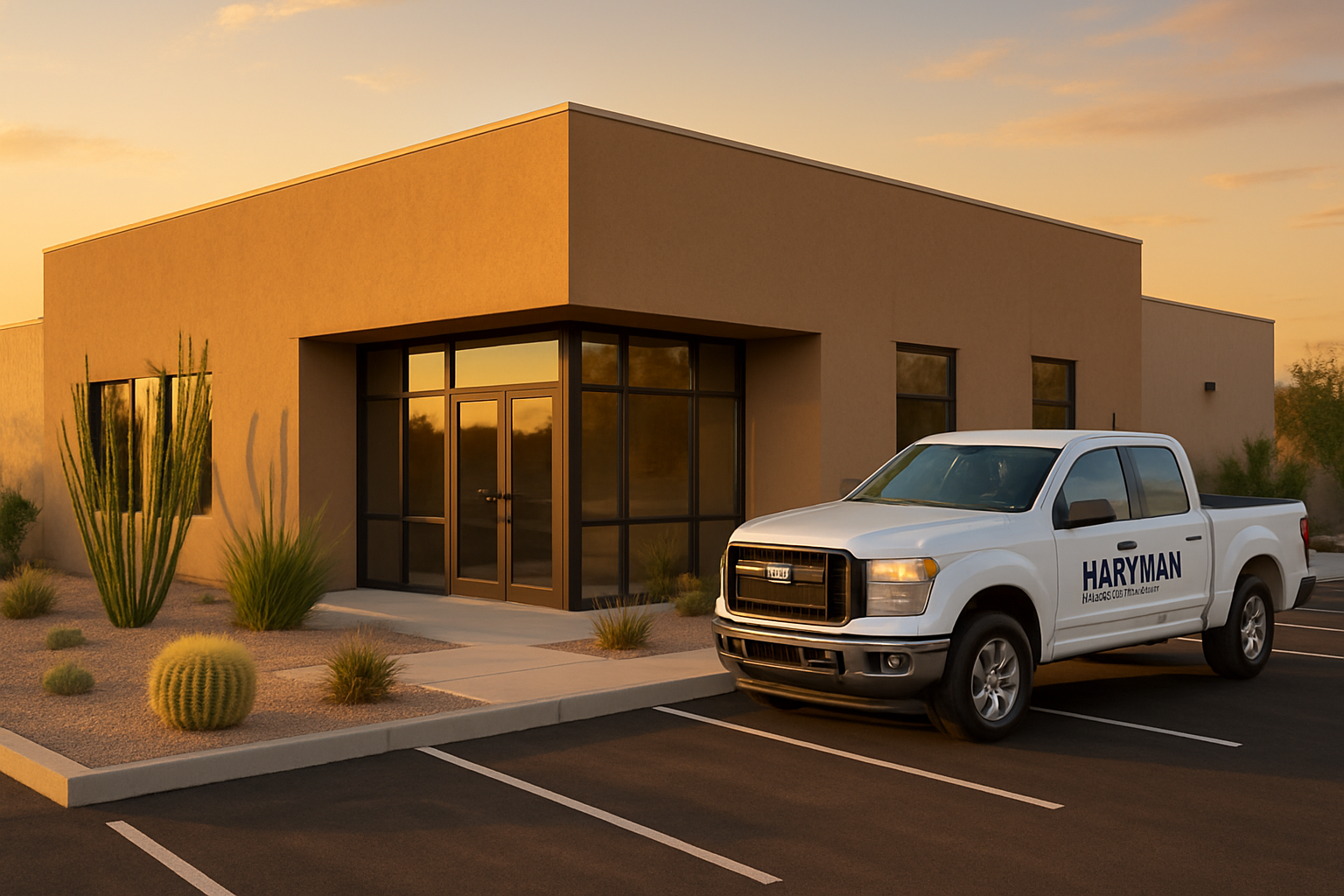 Finished Tucson commercial building exterior after renovation with fresh stucco, modern glass entry doors, clean parking lot striping, desert plants, warm September sunset light, and a Hartman Construction LLC work truck parked nearby