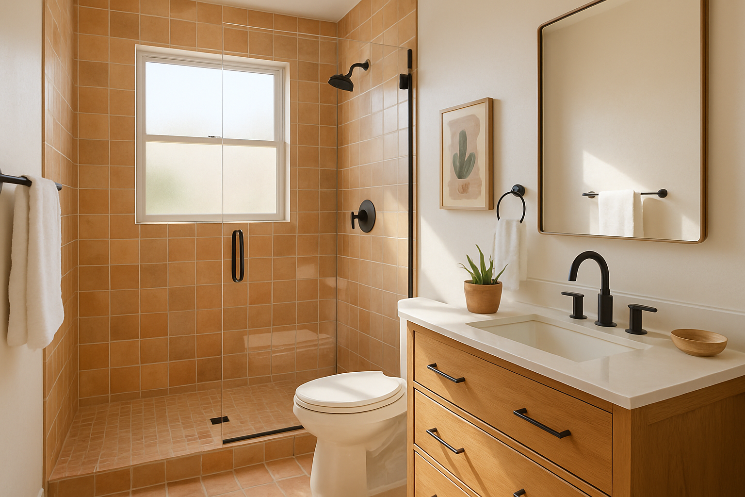 A bright remodeled Tucson bathroom with warm desert-inspired tile, a frameless glass walk-in shower, matte black fixtures, natural wood vanity, soft morning light coming through a frosted window, and subtle Southwestern decor