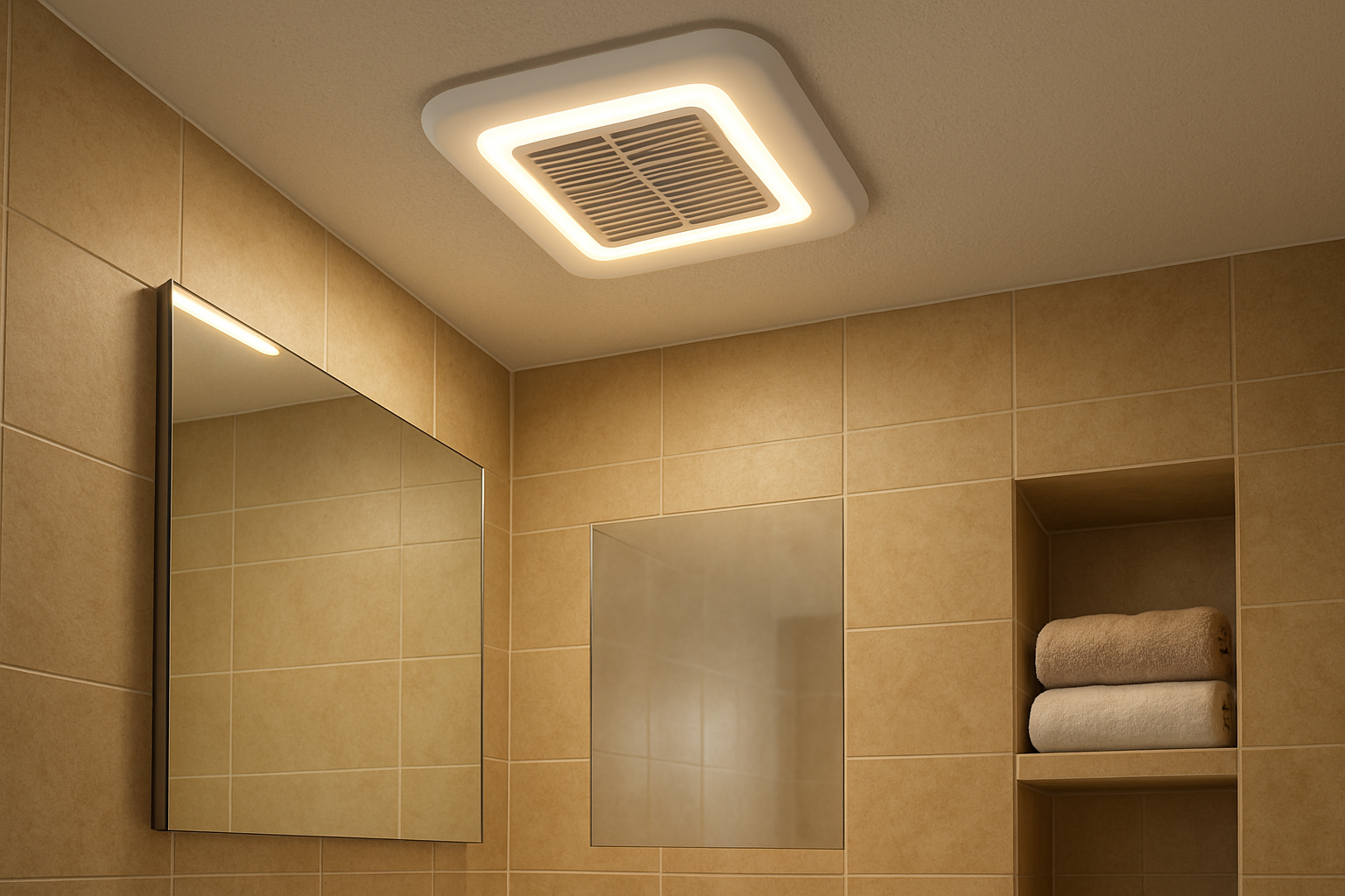Close-up of a modern bathroom ceiling ventilation fan with soft LED lighting, steam-free mirror below, desert beige wall tile, neatly folded towels, and a clean spa-like Tucson bathroom atmosphere
