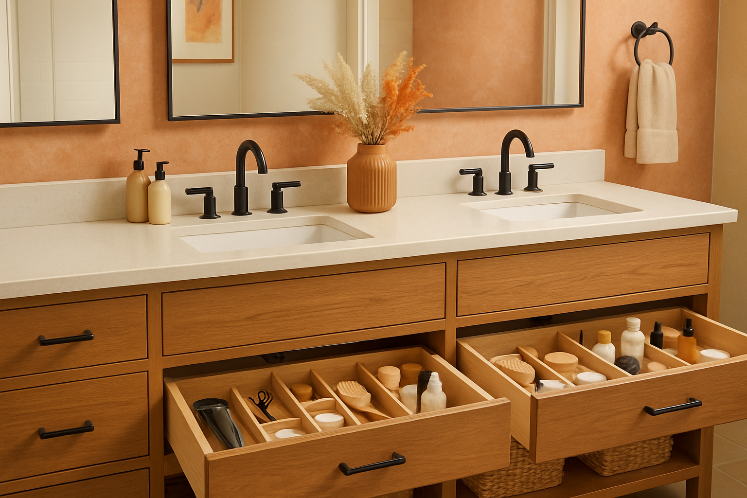 Organized bathroom vanity in a remodeled Tucson home with double sinks, quartz countertop, custom wood cabinetry, open drawers with neatly arranged grooming items, woven baskets, and warm desert color accents