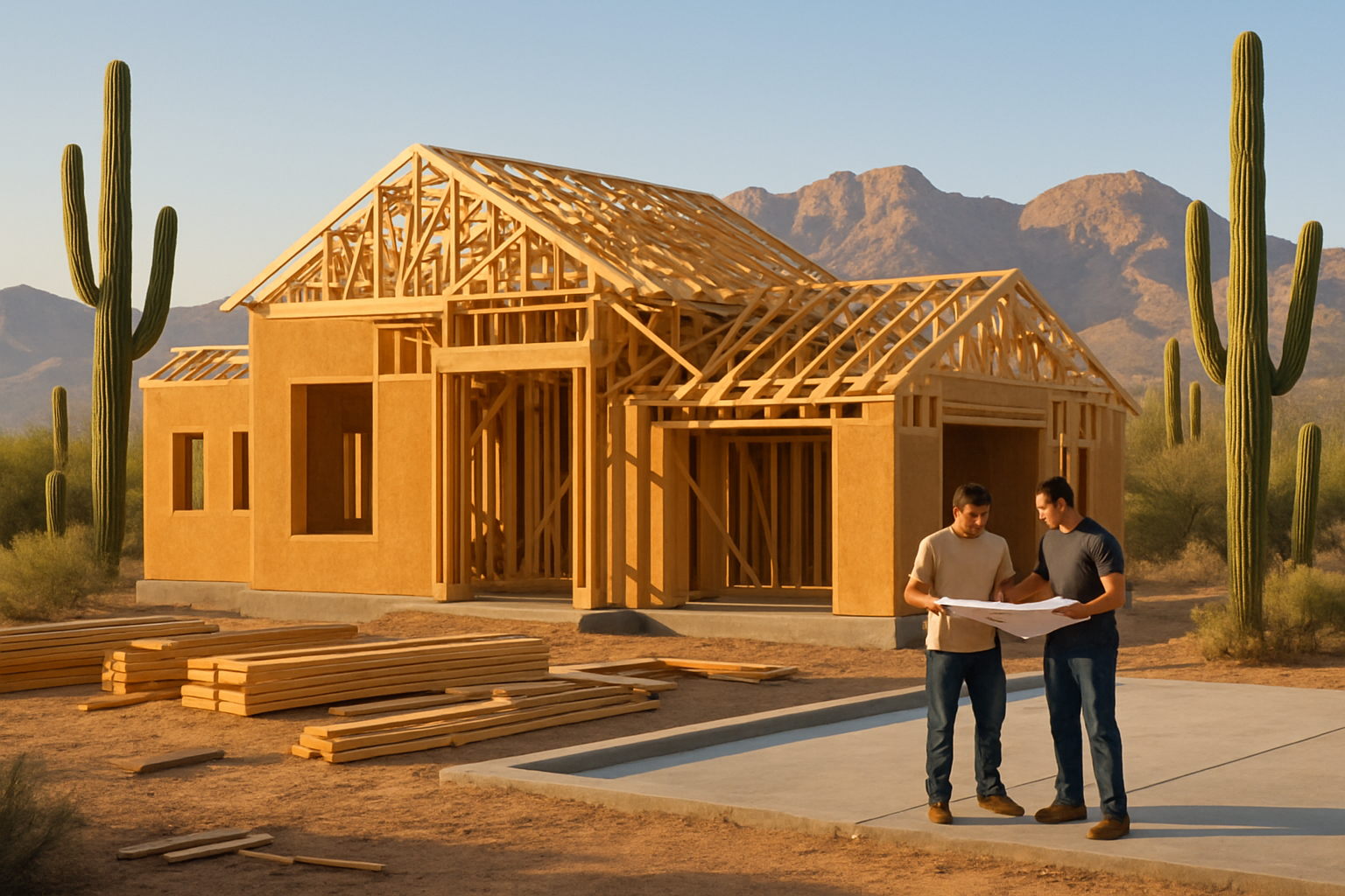 A custom home construction site in Tucson, Arizona in early September, with a partially framed luxury desert-style home, Catalina Mountains in the background, warm golden morning light, saguaro cacti nearby, construction crew reviewing plans near the foundation