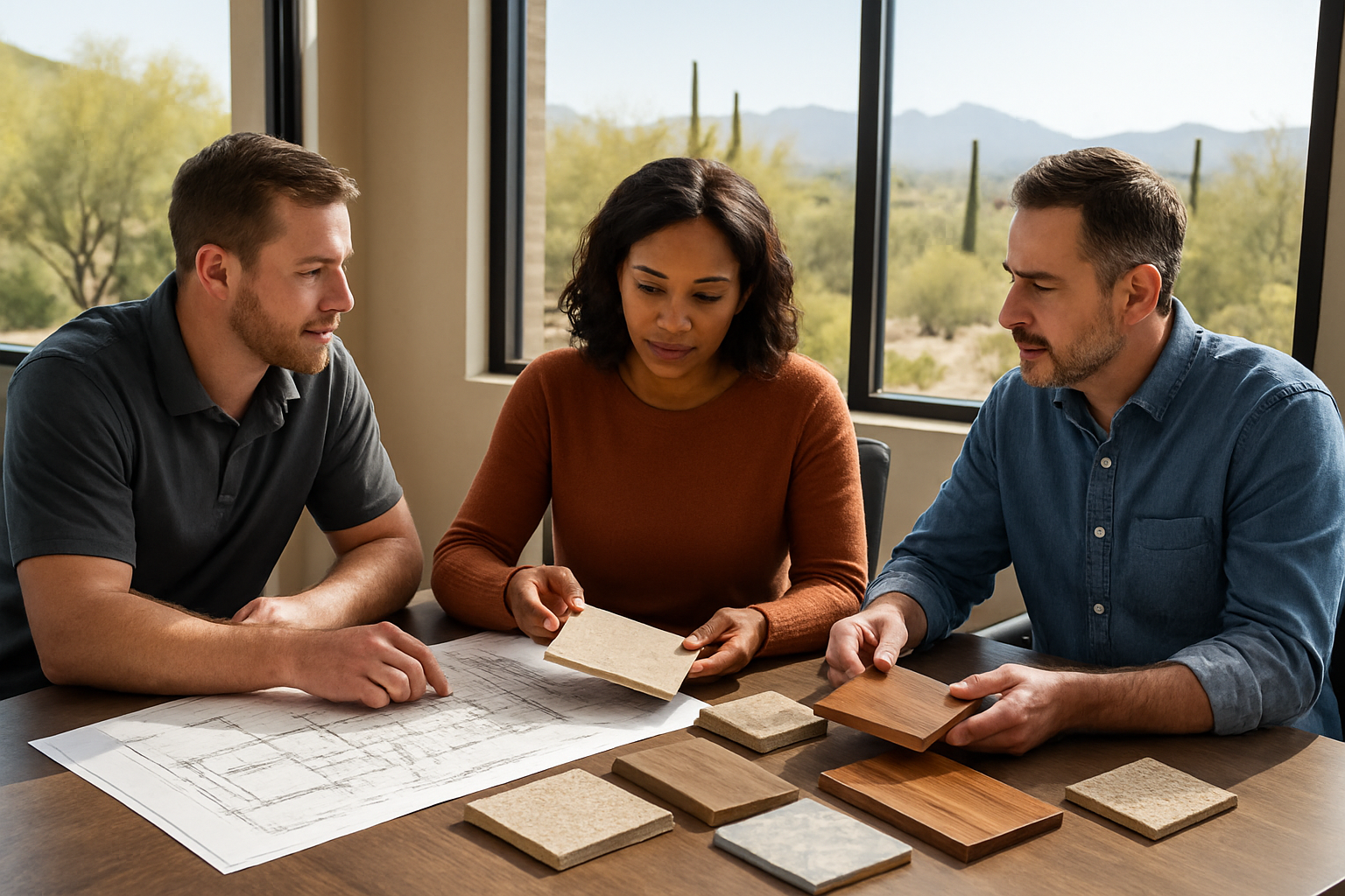 A Hartman Construction LLC design consultation scene inside a Tucson office, with homeowners reviewing custom home blueprints, desert-inspired material samples, tile, stone, wood finishes, and large windows showing bright Arizona sunlight
