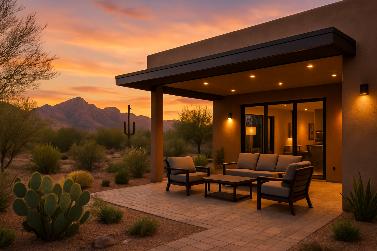 Finished custom desert home patio in Tucson at sunset in September, with modern covered outdoor living area, warm exterior lighting, native desert landscaping, mountain views, comfortable seating, and a peaceful southwest atmosphere