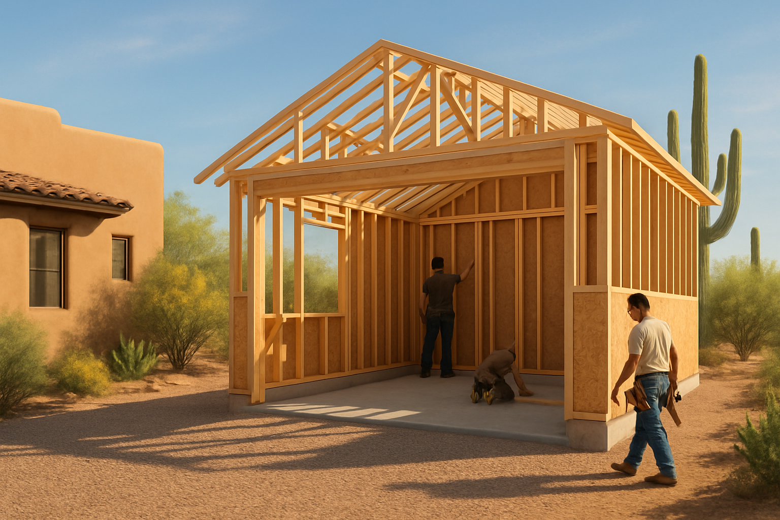 A newly framed detached garage under construction beside a Southwestern-style Tucson home, with desert landscaping, gravel driveway, saguaro cactus in the background, warm September morning sunlight, and clear blue Arizona sky