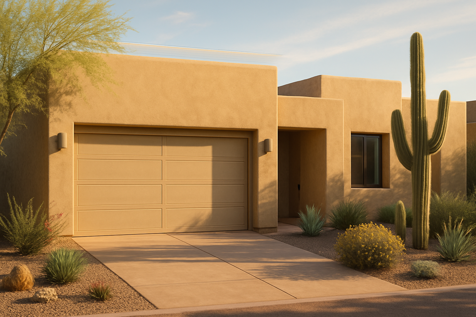 A finished stucco garage in Tucson with a desert-modern design, two-car garage door, matching home exterior, native plants, gravel yard, and late afternoon golden light casting soft shadows