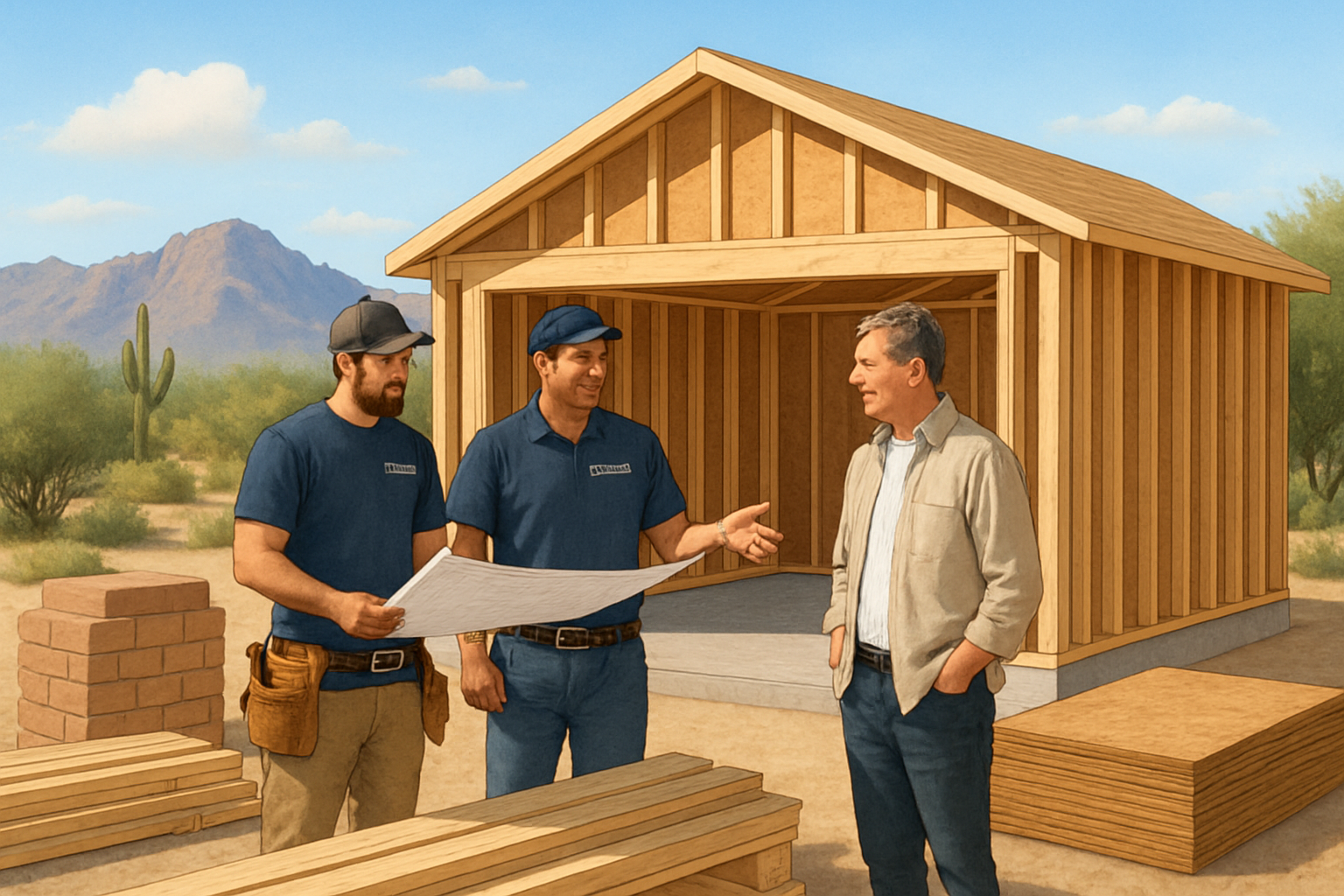 A Hartman Construction LLC crew discussing plans with a homeowner beside a garage build site in Tucson, with construction materials neatly organized, desert mountains in the distance, and bright but mild September morning weather