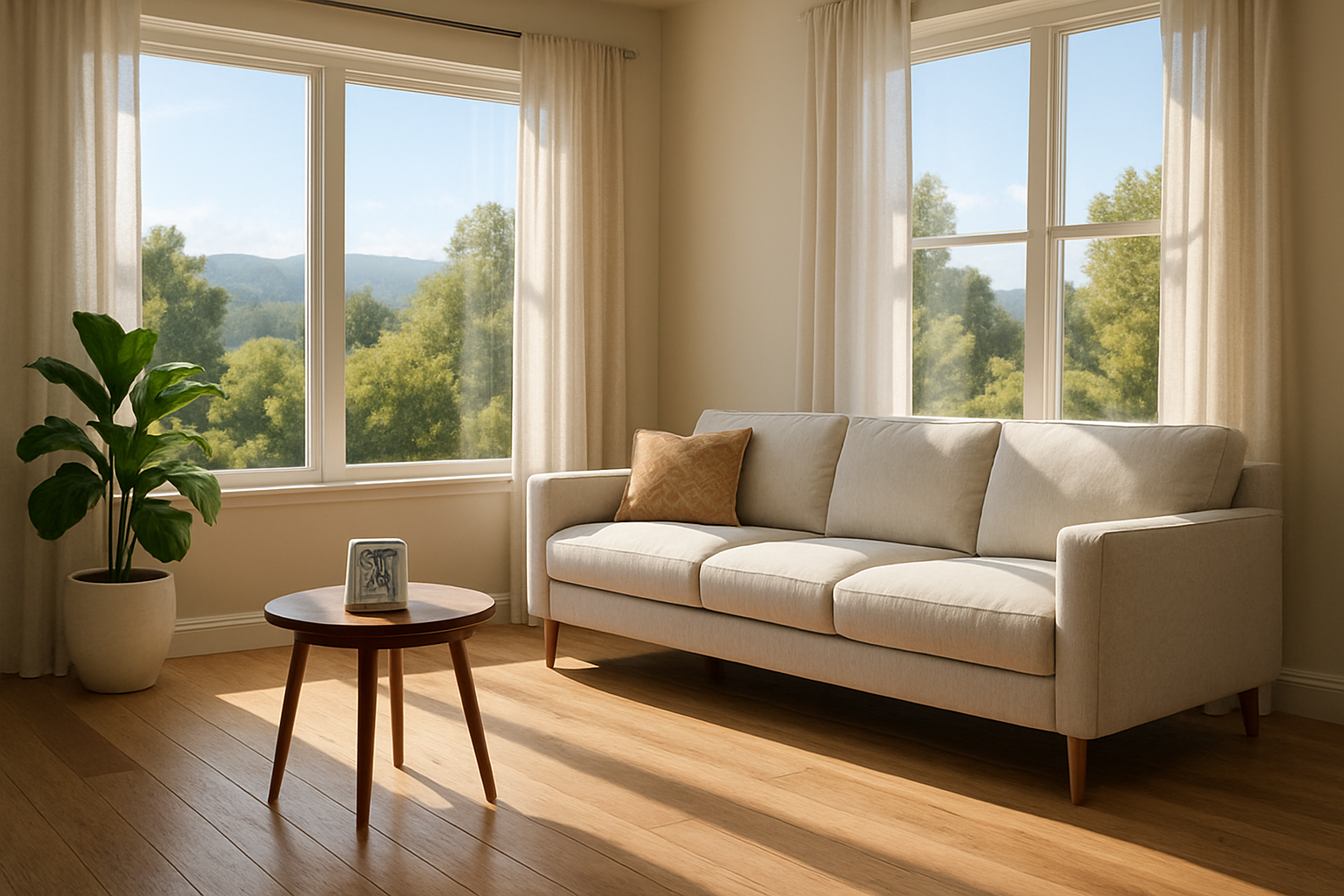 Bright Woodland Hills living room in July with wide plank hardwood floors, sunlight coming through large windows, light curtains, a modern sofa, and a small indoor humidity gauge on a side table