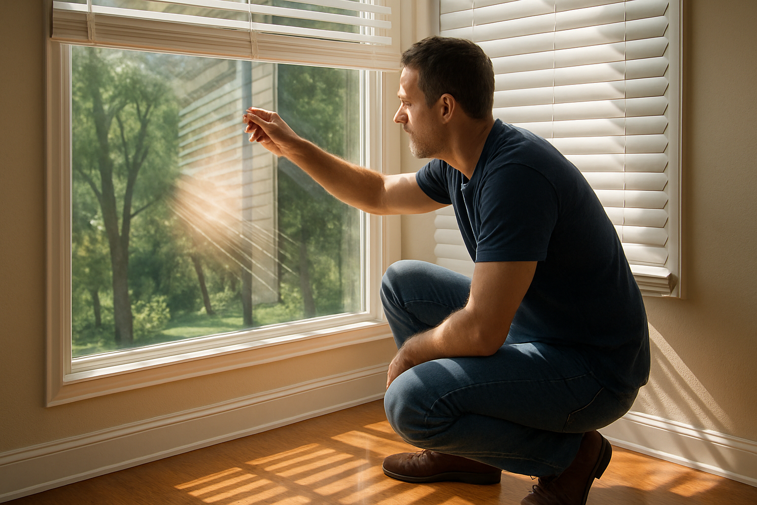 Close-up of a homeowner adjusting white window shades to block intense afternoon sunlight from hitting glossy hardwood floors in a Woodland Hills home