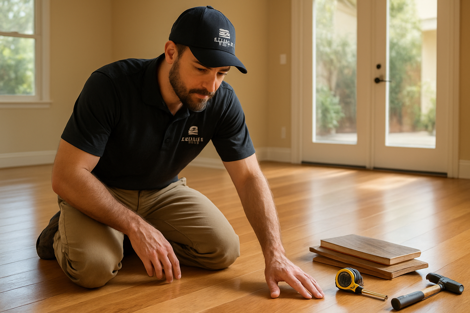 Flooring professional from All Floors 4 Less inspecting hardwood floor boards in a Woodland Hills home, kneeling with tools and wood samples nearby, warm natural lighting