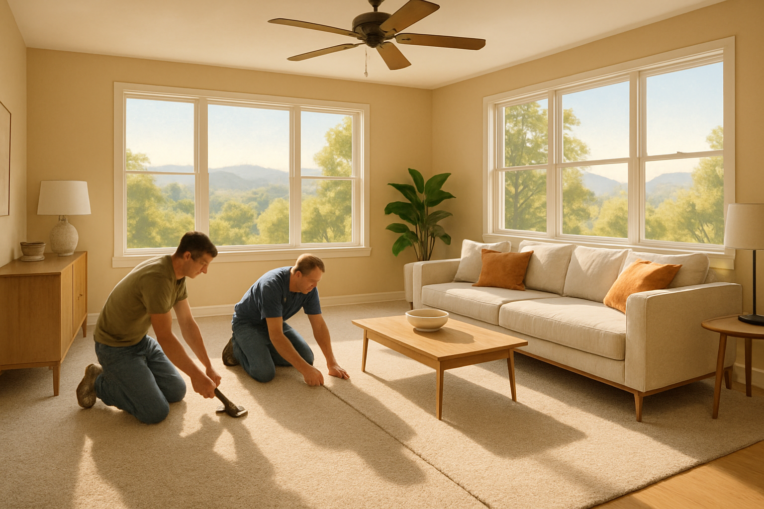 Bright Woodland Hills living room in July with sunlight filtering through large windows, newly installed soft neutral carpet, modern furniture, ceiling fan, and warm Southern California tones