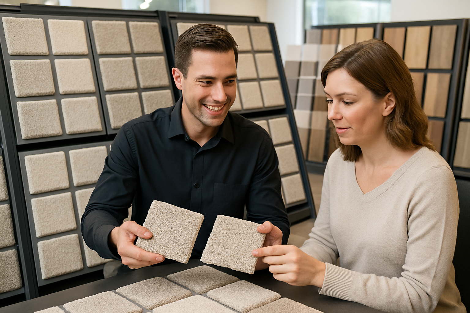 Flooring showroom in Woodland Hills with carpet sample boards, neutral and light-colored carpet swatches, a flooring specialist helping a homeowner compare textures for a summer home renovation