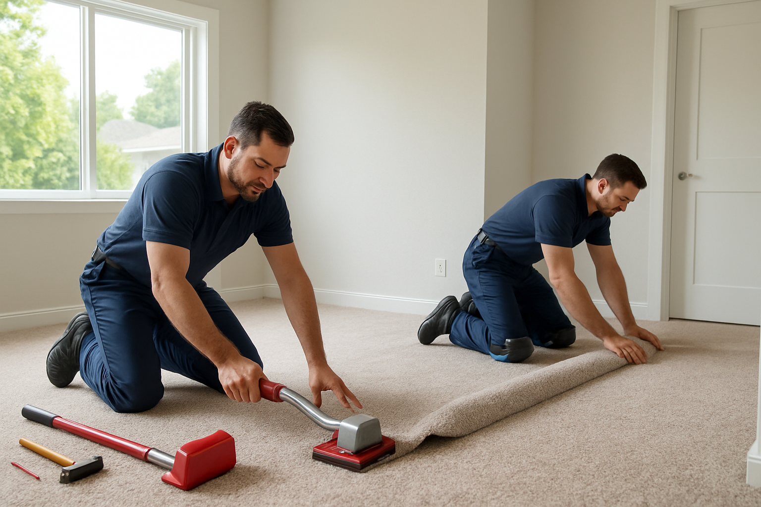 Professional carpet installers carefully stretching and installing light beige carpet in a Woodland Hills bedroom, with tools organized neatly, bright summer daylight, and clean modern interior