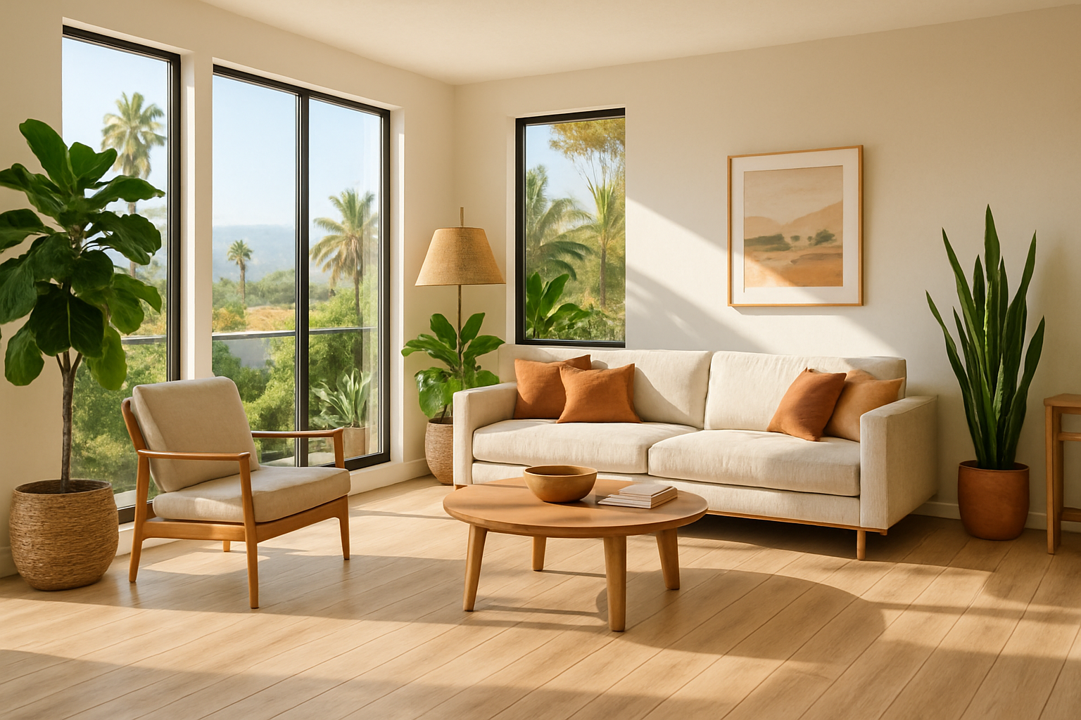 Bright modern Woodland Hills living room in August sunlight with wide-plank light oak luxury vinyl flooring, large windows, neutral sofa, indoor plants, and warm Southern California decor