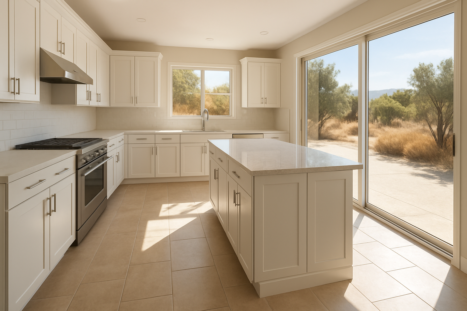 Elegant Woodland Hills kitchen with large-format beige porcelain tile flooring, sunlight coming through sliding glass doors, white cabinets, quartz countertops, and a view toward a dry summer patio