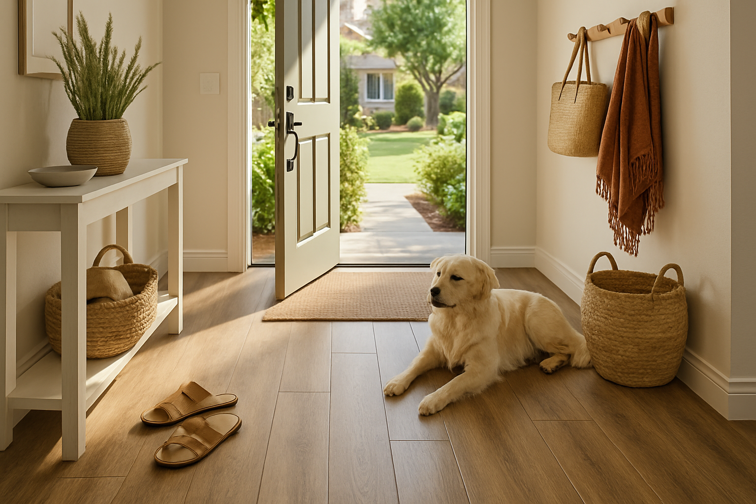 Family-friendly Woodland Hills home entryway with durable wood-look luxury vinyl plank flooring, a dog resting near the doorway, sandals by the mat, summer sunlight, and casual California decor