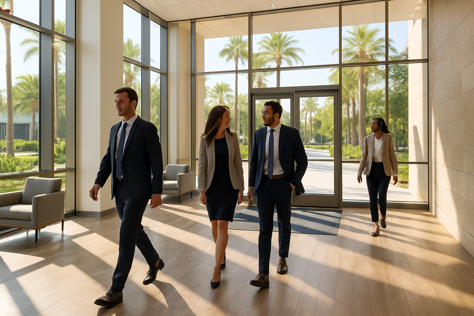 A bright modern commercial lobby in Woodland Hills, California during summer, with sunlight coming through large glass windows, durable luxury vinyl plank flooring, clean walk-off mats near the entrance, and people walking through in business attire