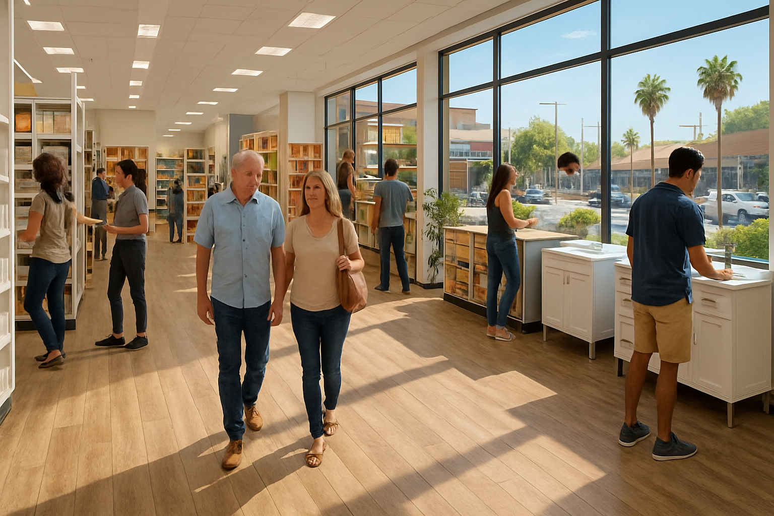 A busy Woodland Hills retail showroom in August with customers browsing, attractive commercial luxury vinyl flooring, bright displays, clean aisles, and a sunny Southern California street visible outside through large storefront windows