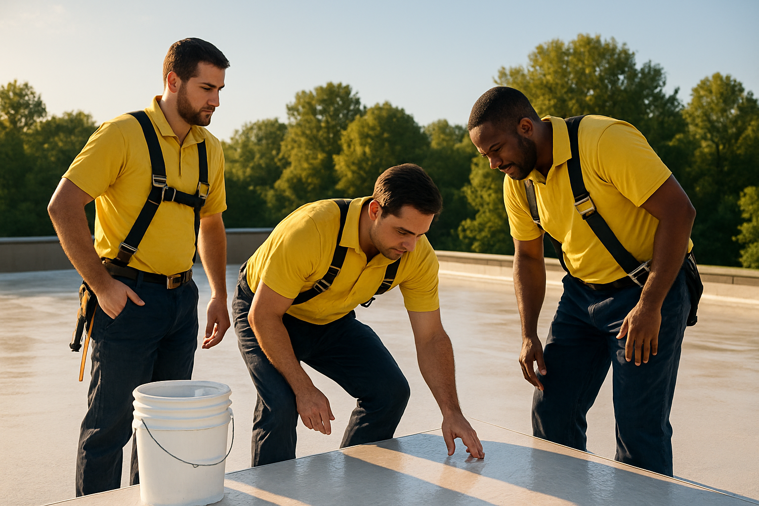 A professional roofing crew from a Maryland roofing company inspecting a low-slope commercial roof in White Marsh, MD on a sunny August morning, with safety gear, coating buckets nearby, trees in the background, and warm summer light reflecting off the roof surface