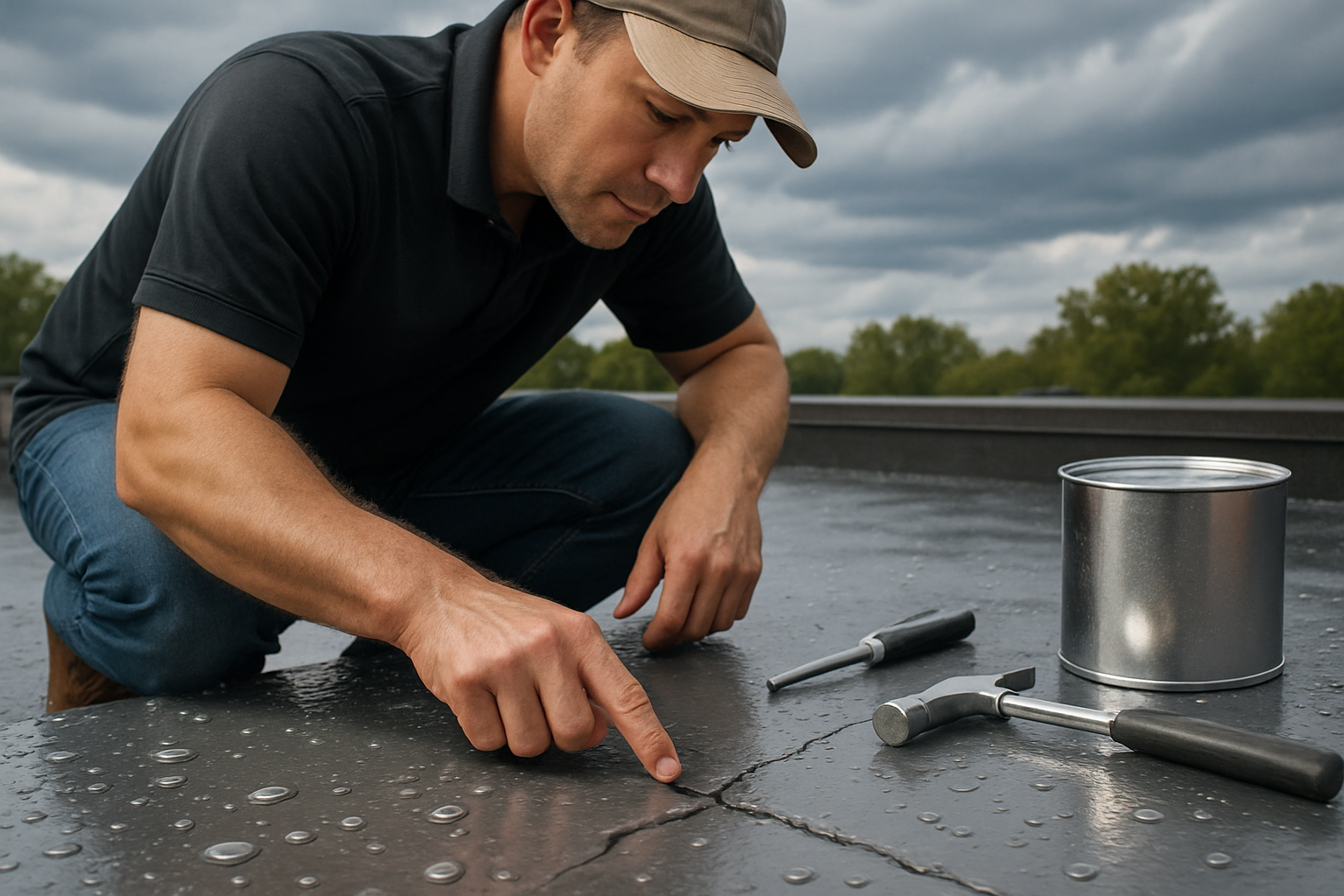 Close-up photograph of a roofing professional inspecting minor cracks and seams on a flat roof surface after a summer thunderstorm in White Marsh, Maryland, with water droplets, inspection tools, and reflective roof coating material visible nearby