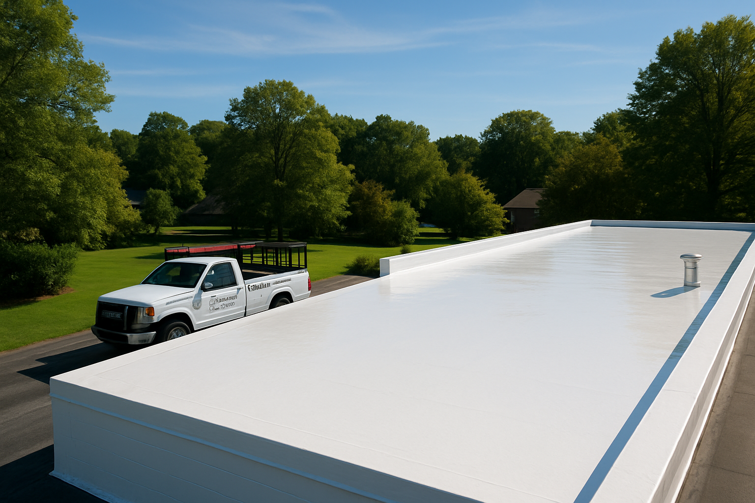 Finished bright reflective roof coating on a clean low-slope roof in White Marsh, MD with a Rollins & Associates Inc work truck parked nearby, blue late-summer sky, surrounding suburban trees, and a neat professional jobsite appearance