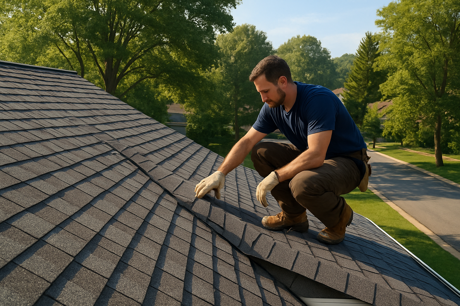 A residential asphalt shingle roof in White Marsh Maryland on a sunny late August afternoon, with mature trees, a quiet suburban street, and a roofing professional safely inspecting shingles near a roof valley