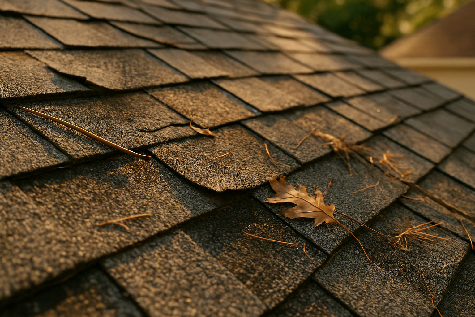 Close-up detailed view of weathered asphalt shingles with slight granule loss, lifted shingle edges, and summer storm debris, photographed on a Maryland home roof in warm August light