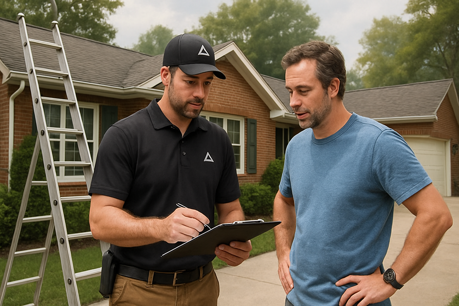 A Rollins and Associates roofing specialist speaking with a homeowner in a White Marsh Maryland driveway, reviewing roof inspection notes beside a ladder and a neat brick suburban home on a humid late summer day